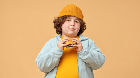 A young child showcases a tasty burger while wearing a bright orange hat and cozy blue sweater, perfect for capturing the joy of childhood and delicious food moments.の素材