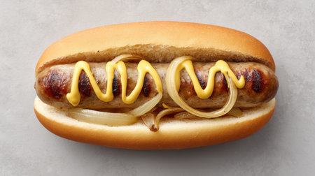 A mouthwatering grilled sausage placed in a soft bun, topped and mustard. Ideal for summer barbecues and outdoor gatherings, this dish embodies comfort and flavor.の素材