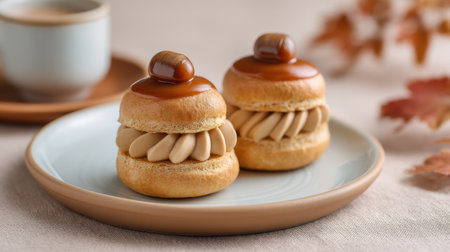 Two caramel cream puffs sit on a light plate beside a coffee cup, embodying a warm autumn feel with delicate colors and textures that invite indulgence.の素材