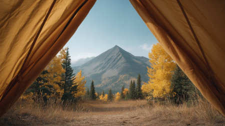 Experience the breathtaking view of a towering mountain framed by a cozy tent. Vibrant autumn foliage adds warmth to this serene outdoor setting, perfect for relaxation.の素材