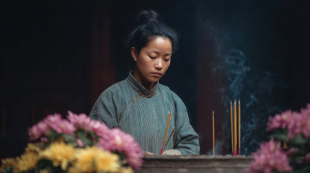 A young woman engages in a spiritual ritual with incense, creating a tranquil atmosphere. Surrounded by vibrant flowers, she exemplifies grace and calm in a traditional setting.の素材