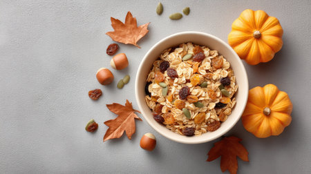 This inviting bowl of oats and dried fruits surrounded by pumpkins and leaves captures the essence of autumn and offers a healthy, delicious breakfast option.の素材