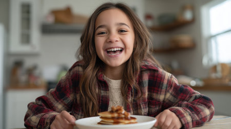 A cheerful girl with a big smile enjoys her stack of pancakes at a beautifully decorated kitchen table, radiating happiness and warmth in a cozy morning setting.の素材