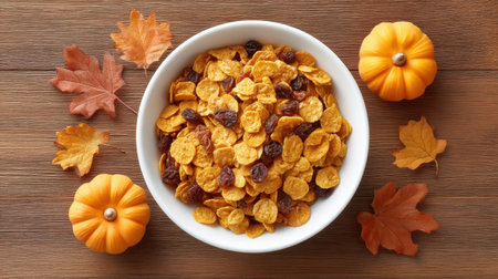 A delightful bowl of corn flakes mixed with raisins sits elegantly on a wooden table, surrounded by vibrant autumn leaves and miniature pumpkins, perfect for fall breakfasts.の素材