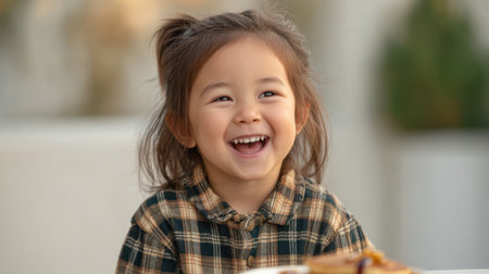 A joyful young child with a bright smile sitting outdoors, enjoying pancakes for breakfast. The cute moment captures innocence and happiness in a cozy atmosphere.の素材