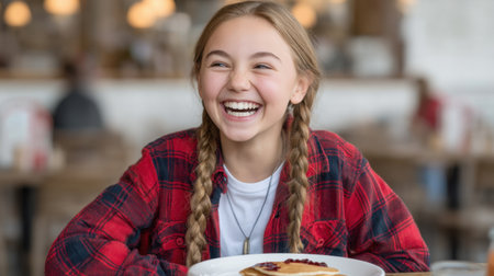 A cheerful girl sits at a lively restaurant, radiating joy as she enjoys a delicious plate of pancakes. Her red plaid shirt adds warmth to the cozy setting.の素材