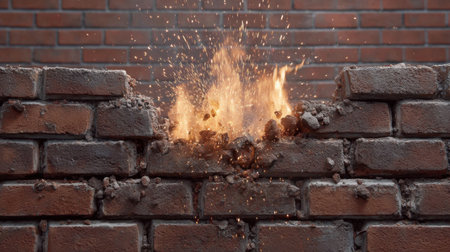 A dramatic scene shows flames and sparks erupting from a hole in a brick wall, illustrating the powerful energy of destruction and the impact of fire on architecture.の素材