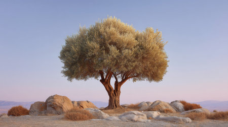 A stunning solitary olive tree rises proudly amidst natural rocks, bathed in gentle dawn or dusk light, offering a perfect blend of tranquility and beauty in nature.の素材