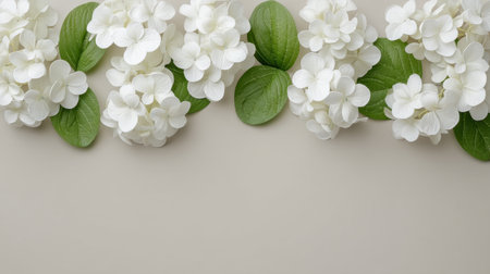 An elegant arrangement of white hydrangea flowers paired with fresh green leaves on a soft neutral background, perfect for enhancing floral decorations and designs.の素材