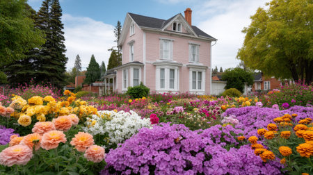 A charming pink house stands amidst a stunning garden bursting with colorful flowers, creating a serene and picturesque atmosphere perfect for springtime.の素材