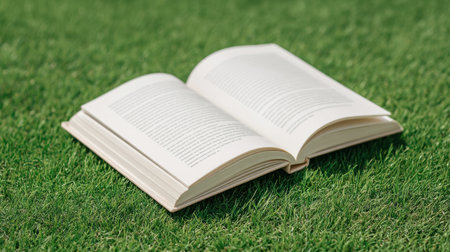 An open book lies on lush green grass, surrounded by soft natural light, representing a peaceful moment for reading, learning, and connecting with nature. Perfect for education themes.の素材