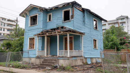 A visibly abandoned blue house exhibits significant decay with broken windows and a burned facade, surrounded by overgrown plants, representing neglect and urban decline.の素材