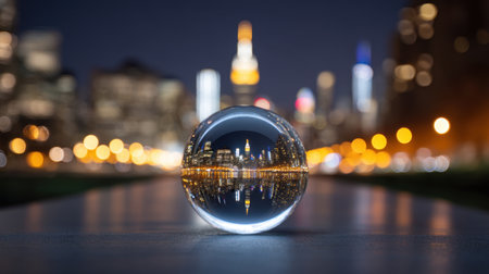 A mesmerizing crystal ball captures a vibrant city skyline at night, with bright lights and stunning bokeh effects creating an enchanting urban scene.の素材