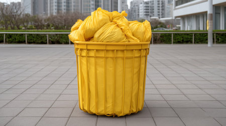 A bright yellow trash bin filled with soft, unfilled bags sits on a clean sidewalk in an urban setting, surrounded by sleek buildings and green landscapes.の素材