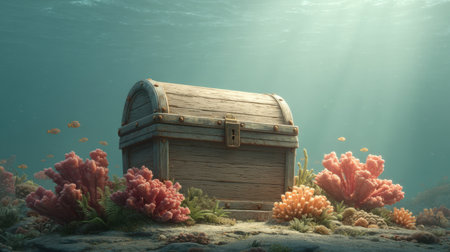 Explore a serene underwater scene featuring a wooden treasure chest surrounded by vibrant coral and playful fish, evoking the allure of adventure and nature's beauty.の素材