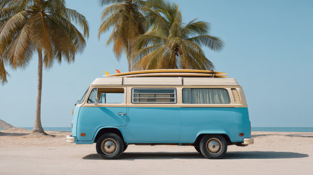 A vintage blue camper van sits on a picturesque beach, surrounded by lush palm trees and surfboards on the roof, inviting travelers to embrace summer adventures and relaxation.の素材