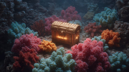 Explore a captivating underwater world where a gleaming treasure chest rests amidst vibrant coral. This mesmerizing scene showcases the beauty of marine life and adventure.の素材