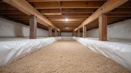 This image depicts a clean and well-maintained crawl space under a house, showcasing wooden beams and a dirt floor, ideal for home improvement and maintenance activities.の素材