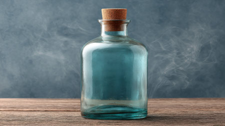 A stunning vintage glass bottle with a cork stopper, set against a rustic wooden surface. The smoky background adds an artistic touch, ideal for decor and creative designs.の素材