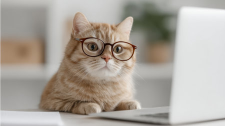 A charming ginger cat wearing glasses is focused on a laptop in a stylish home office. The scene captures the playful yet serious nature of this adorable feline.の素材