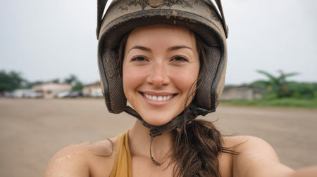 A cheerful woman in a helmet captures a joyful selfie outdoors, reflecting the essence of adventure and exploration against a captivating natural backdrop.の素材