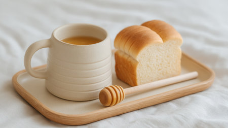 Enjoy a cozy breakfast scene with a warm beverage, fresh bread, and a honey stick on a wooden tray. Perfect for a relaxing morning setting that inspires comfort.の素材