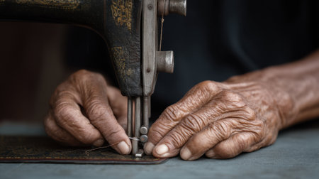 An elderly artisan skillfully sews with a vintage machine, showcasing the art of hand sewing. The image captures the dedication and precision involved in this traditional craft.の素材
