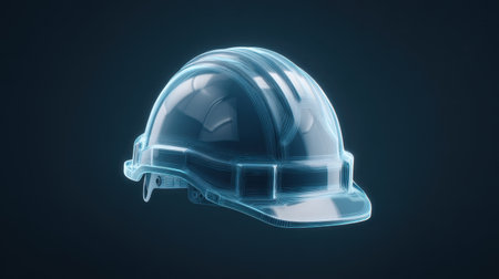 A transparent 3D render of a safety hard hat illuminated by a blue glow, ideal for themes of construction, safety equipment, and workplace protection concepts.の素材