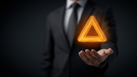 A professional businessman in a suit extends his hand, showcasing a glowing triangle that symbolizes innovation and strategy against a dark background.の素材