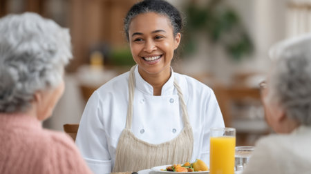 A cheerful female chef engages with two senior women at a dining table, highlighting the warmth and joy of shared meals in a modern dining environment.の素材