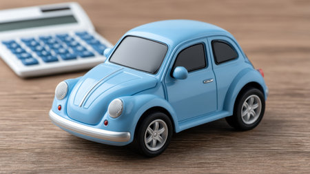 A charming blue toy car model positioned beside a calculator on a wooden table, perfect for representing finance, playful family moments, and educational creativity.の素材