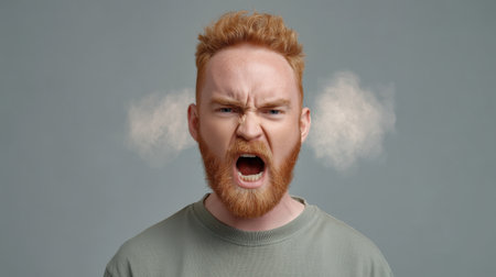 A young man with striking red hair and a beard expresses intense anger as he shouts, creating a dramatic image of emotion and frustration set against a neutral gray background.の素材