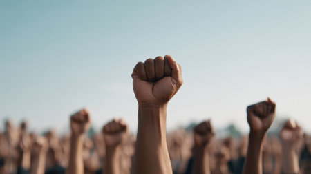 A powerful display of unity as diverse individuals raise their fists in solidarity during a protest, advocating for social justice and equality under a clear blue sky.の素材