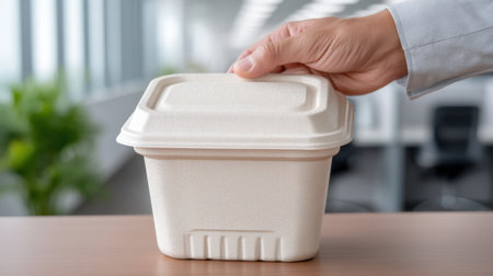 A hand lifts an eco-friendly takeout container in a modern office, showcasing sustainable food packaging. Ideal for promoting environmental responsibility in dining.の素材