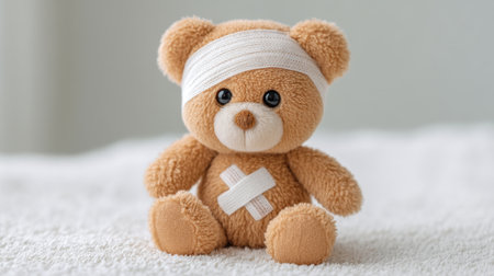 A soft teddy bear with a bandage on its head evokes feelings of comfort and support, perfect for themes of healing and nurturing in a child-friendly setting.の素材