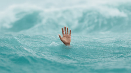 A hand emerges above the turbulent ocean waves, symbolizing struggle and hope in a moment of despair amidst nature's powerful elements.の素材