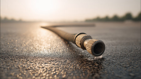 A close-up view of a water hose resting on wet pavement, with a droplet forming at the nozzle, reflecting soft morning light in a tranquil setting.の素材