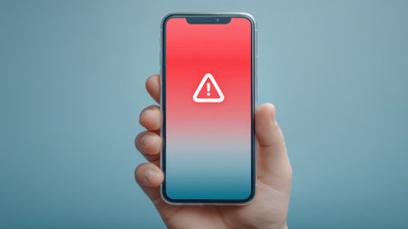A close-up view of a smartphone held in a hand, displaying an alert screen with a warning icon on a red and blue gradient background, emphasizing user interaction.の素材