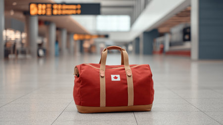 A vibrant red travel bag features elegant cream handles and a Canadian flag logo, showcased in an airport terminal, capturing the essence of modern travel aesthetics.の素材