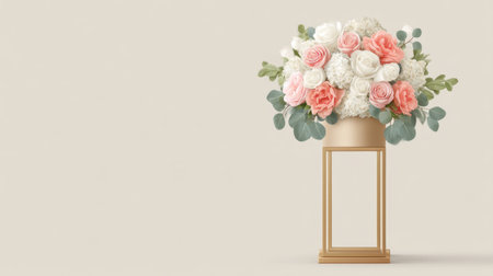 This beautiful floral arrangement features pink and white roses in a gold stand, ideal for weddings and events. It enhances any space with elegance and charm.の素材