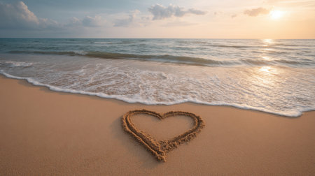 A heart shape drawn in soft sand illustrates love on a tranquil beach at sunset. Gentle waves kiss the shore under a colorful sky, creating a serene setting.の素材