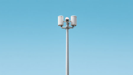 A sleek communication tower rises against a vibrant blue sky, embodying the essence of modern technology and urban infrastructure with its minimalist components.の素材