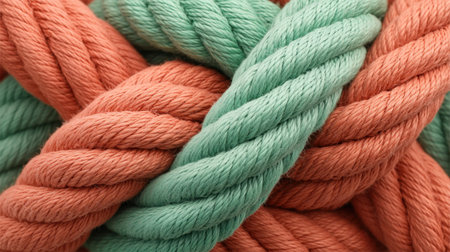 This image captures a close-up view of intertwined ropes in coral and mint green hues, showcasing their textured surfaces and vibrant colors for creative ideas.の素材