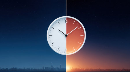 A visually striking representation of time's dual nature, this artwork showcases a clock split between day and night over a city skyline, portraying transitions and balance.の素材