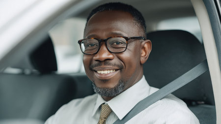 Cheerful African man wearing glasses and a formal shirt is seated in his car, showcasing a welcoming smile while emphasizing safety with a seatbelt.の素材