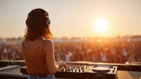 A female DJ wearing headphones plays at an outdoor music festival during sunset, creating a vibrant and lively atmosphere filled with excitement and energy.の素材