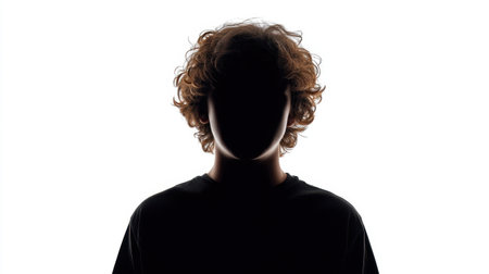 A striking silhouette of a young person with curly hair against a bright background captures the essence of identity and anonymity, inviting viewers to reflect on personal expression.の素材