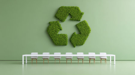 Minimalistic office setting featuring a green recycling symbol made from plants on a wall, with a long white table and stylish chairs promoting sustainability and eco-friendliness.の素材