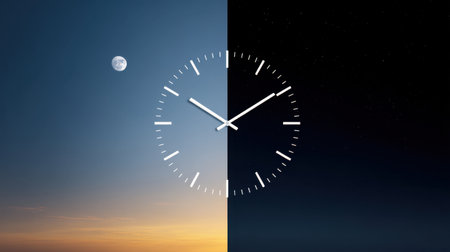 This captivating image illustrates the transition from day to night, featuring a clock against a split scene of bright and dark skies, evoking serenity and wonder.の素材