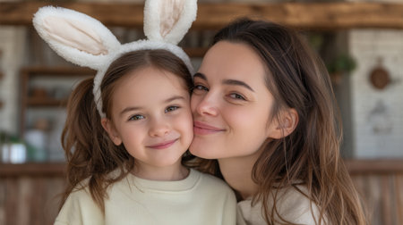 A heartwarming image of a mother and daughter smiling together, wearing cute bunny ears in a rustic indoor environment, capturing pure joy and love.の素材